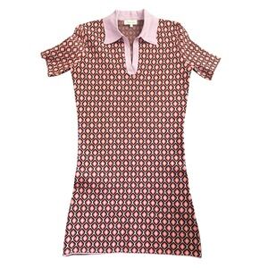 Bohme Women Retro Geometric Knit Polo Dress Pink Collar Mod Minimalist M  365